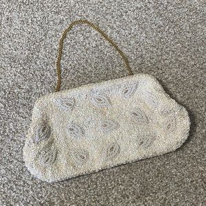 Vintage Beaded Richere Bag by Walborg in Cream w/ Leaf Pattern & Gold-tone Chain